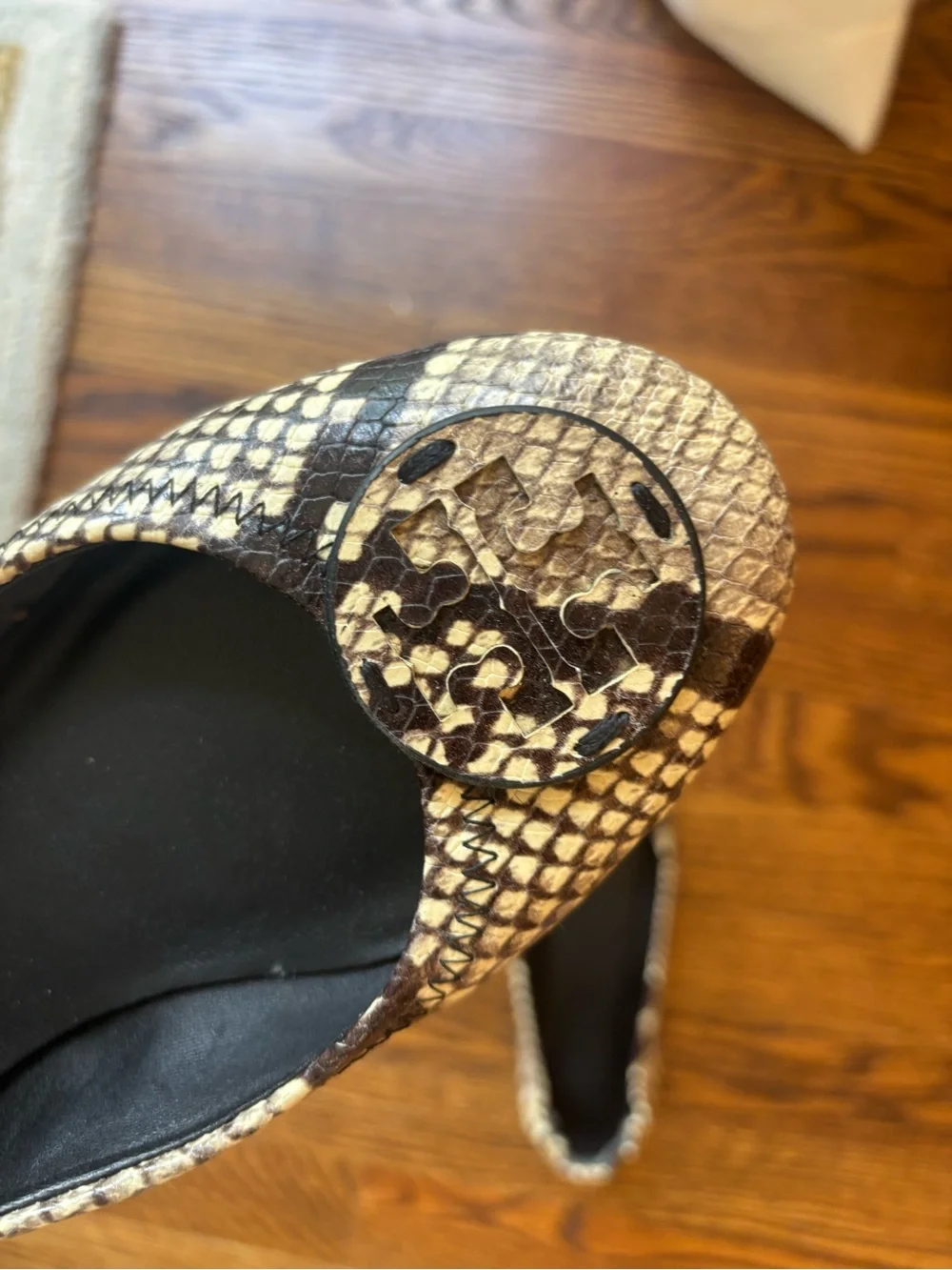 Tory Burch Snake-Print Reva Ballet Flats in Brown and Cream